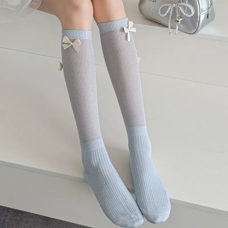 Ballet Style Bow Socks For Women Thin Sweet Cool Calf Socks Vertical Strip Jk Fashionable Miu Gray Pile Stockings