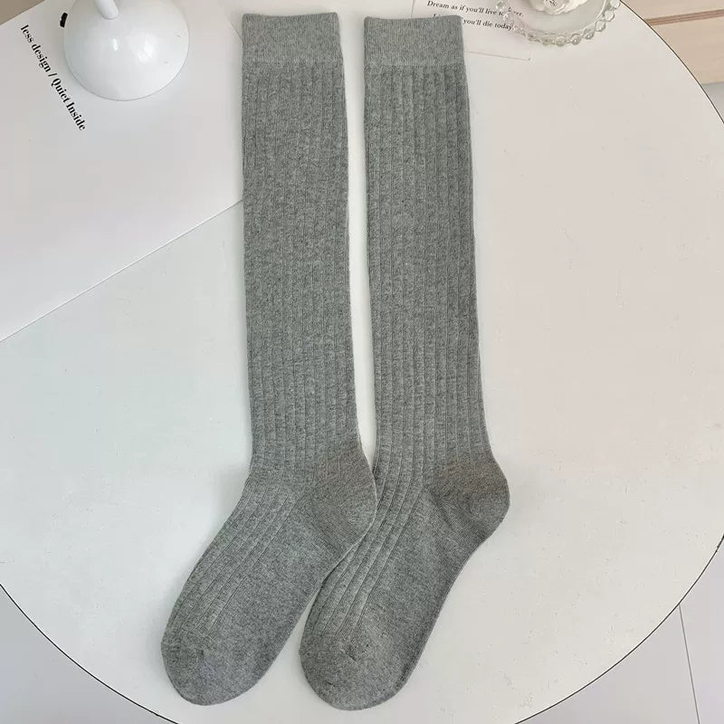 Findszx | Women’s Gray Knee-High Cotton Socks with Vertical Stripe Texture for Spring & Summer Wear