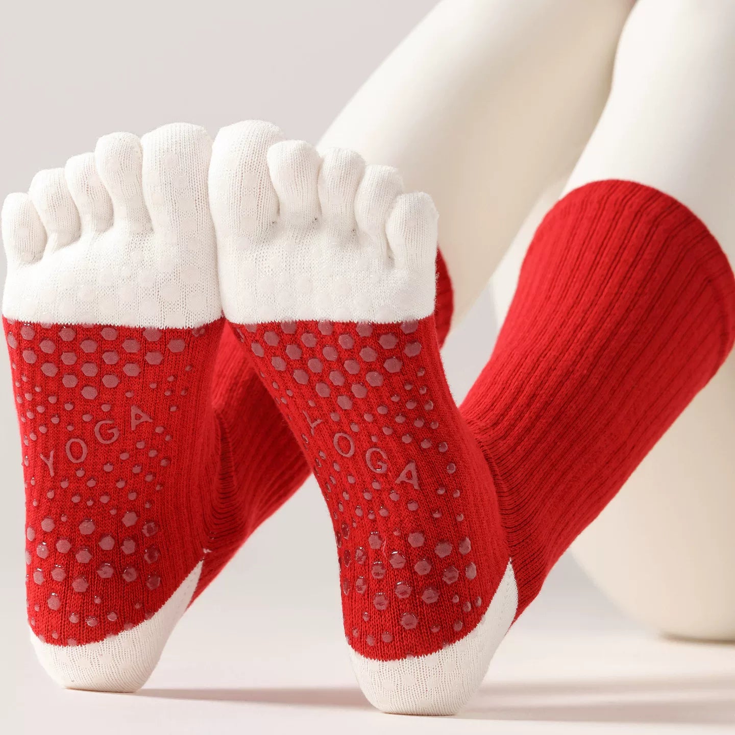 Findszx | Women’s Red Mid-Calf Five-Toe Yoga Socks with Grip for Pilates & Indoor Fitness