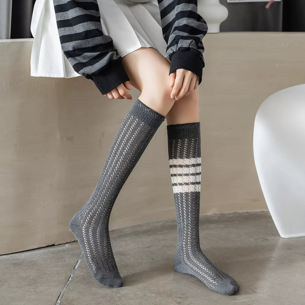 Findszx | Women’s Knee-Length Cotton Mesh Socks with Four-Stripe Detail for Spring & Summer Wear