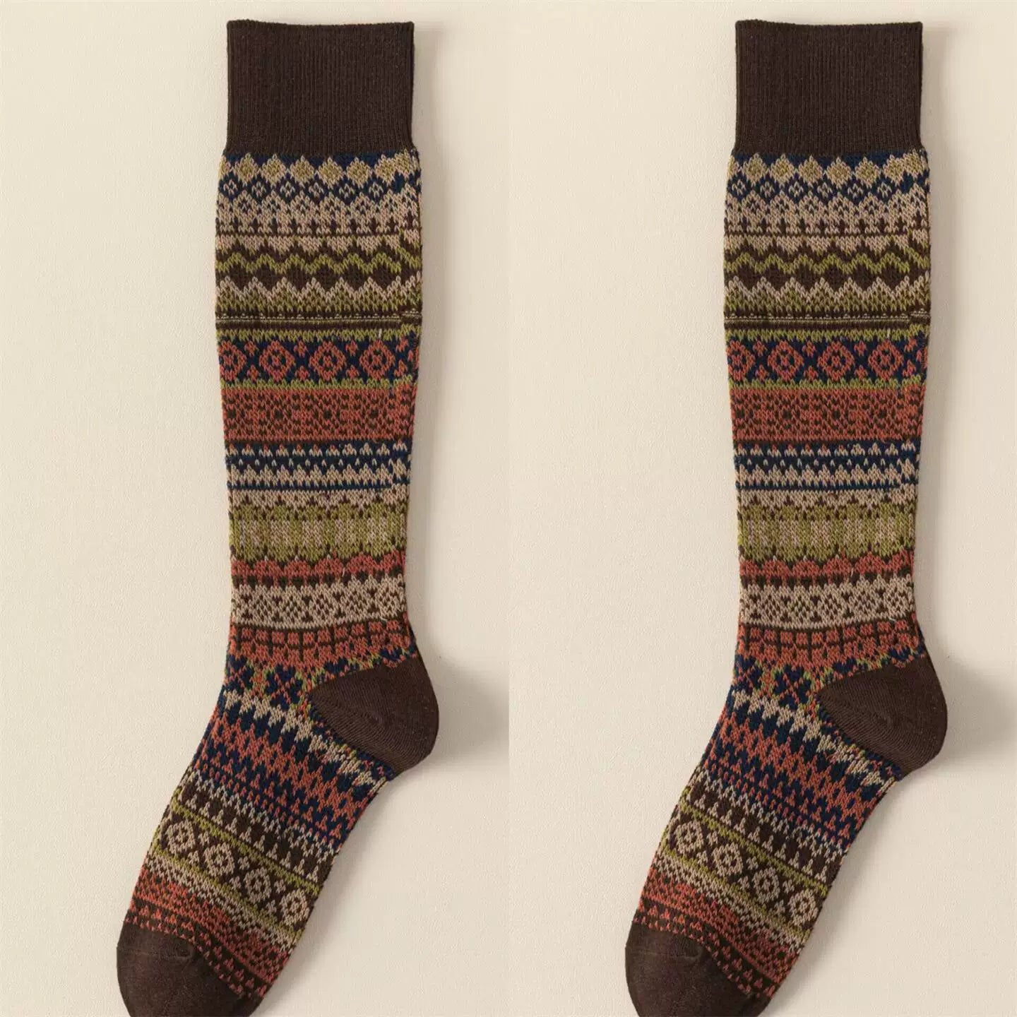 Ethnic Style Retro Calf Socks Double-Needle Fair Isle Stockings For Women In Autumn And Winter Paired With Snow Boots And Piled High Socks