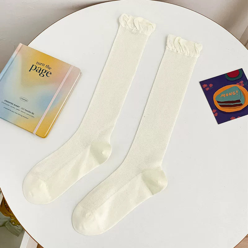 Findszx | Women’s Ballet-Inspired Bubble-Cuff Calf Socks with Ultra-Light Mesh Cotton for Summer Wear