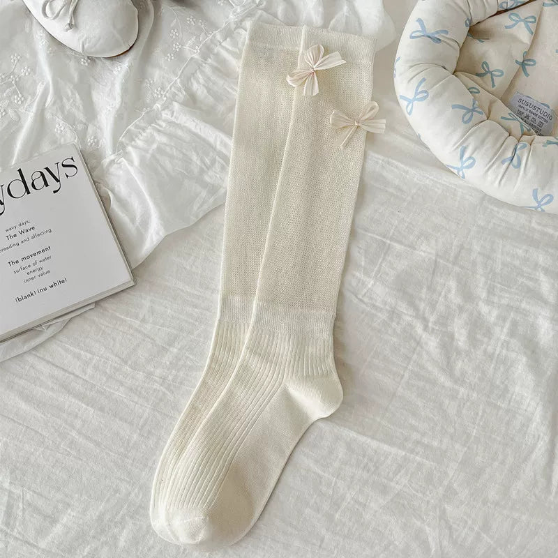 Ballet Style Bow Socks For Women Thin Sweet Cool Calf Socks Vertical Strip Jk Fashionable Miu Gray Pile Stockings