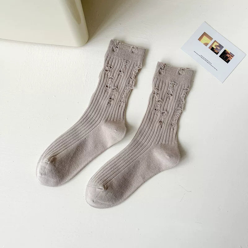 Findszx | Striped Mid-Calf Cotton Socks for Women, Lightweight Distressed Detail, Spring & Autumn Casual Wear