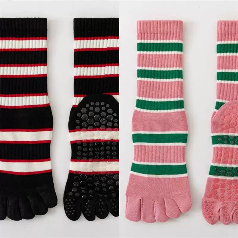 Findszx | Women’s Five-Toe Mid-Calf Socks for Yoga & Dance, Striped Pattern with Dotted Detail, Active Style