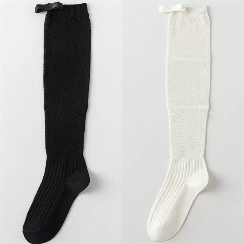 Findszx | Women’s Ballet-Inspired Long Calf Cotton Socks with Bow Detail and Sheer Mesh Texture