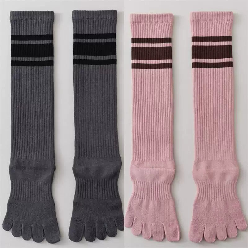 Findszx | Women’s Knee-High Five-Toe Cotton Socks with Striped Design for Spring & Autumn Wear