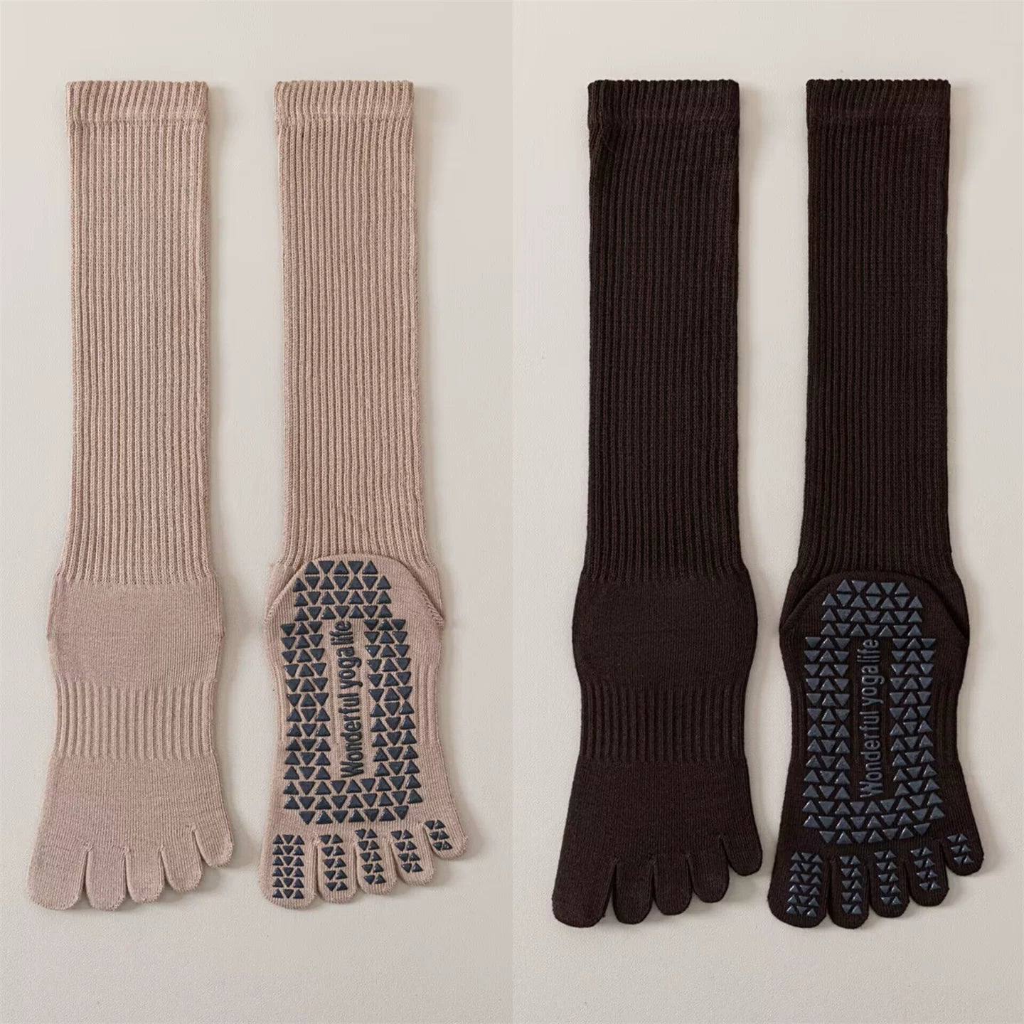 Findszx | Five-Toe Calf Socks in Warm Neutral Tones, Lightweight Design for Yoga & Pilates Wear