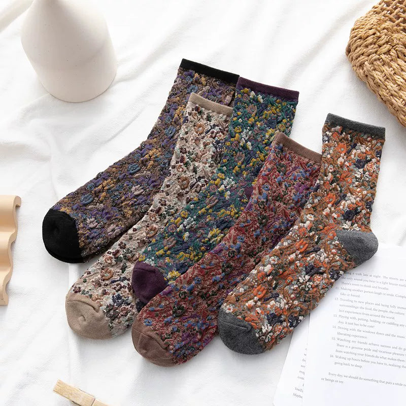 Findszx | Women’s Floral Lace Mid-Calf Cotton Socks with Delicate Knit Texture for Autumn & Winter Wear