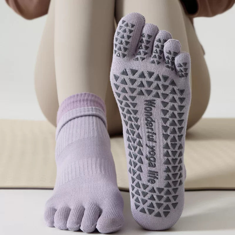 Findszx | Women’s Double-Cuff Mid-Calf Five-Toe Yoga Socks with Grip for Pilates & Indoor Fitness
