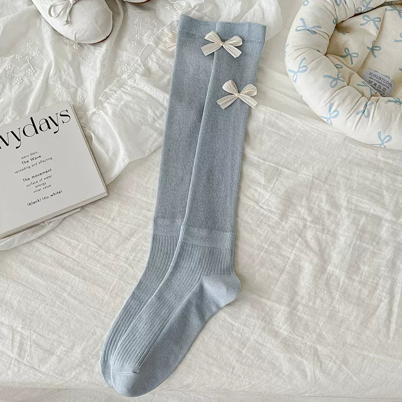 Ballet Style Bow Socks For Women Thin Sweet Cool Calf Socks Vertical Strip Jk Fashionable Miu Gray Pile Stockings