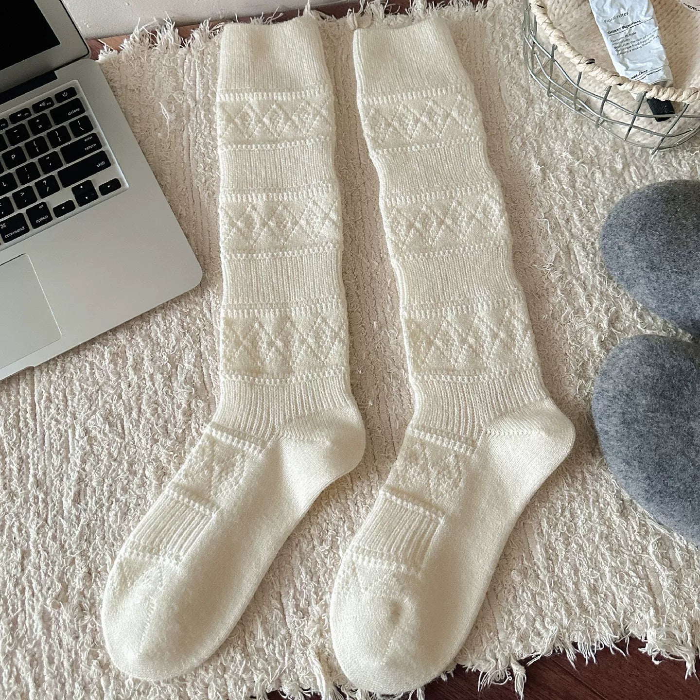 Findszx | Textured Diamond-Pattern Calf Socks for Women, Soft Knit Design, Autumn & Winter Daily Wear