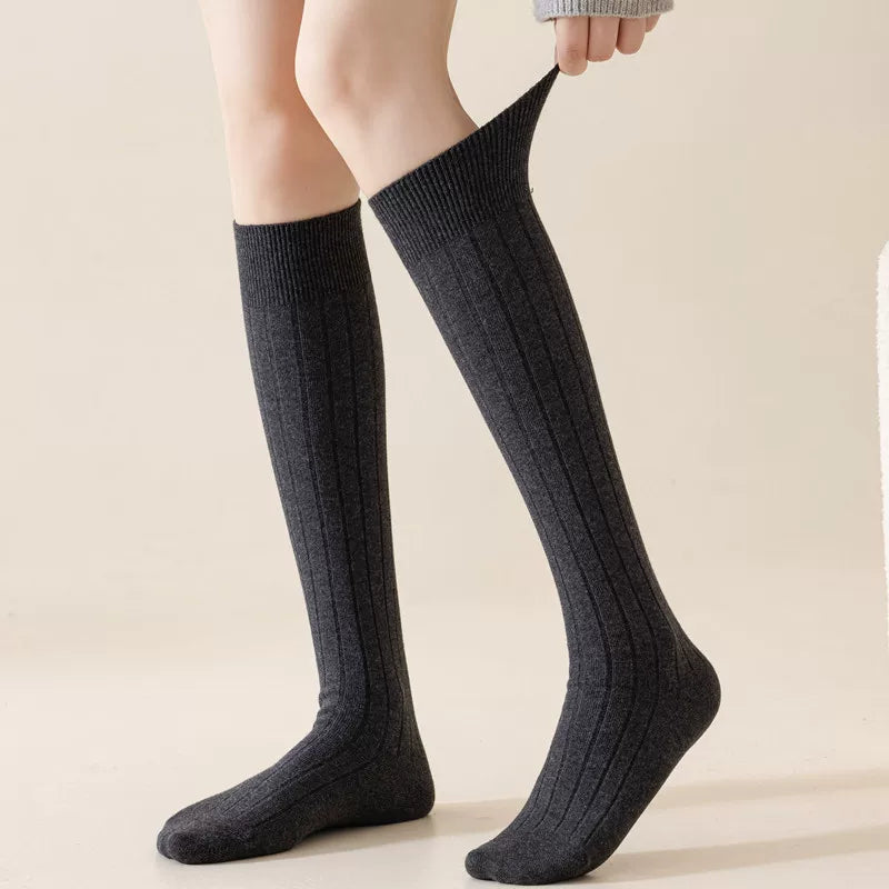Findszx | Women’s Gray Double-Knit Long Calf Cotton Socks with Vertical Rib Texture for All-Season Wear