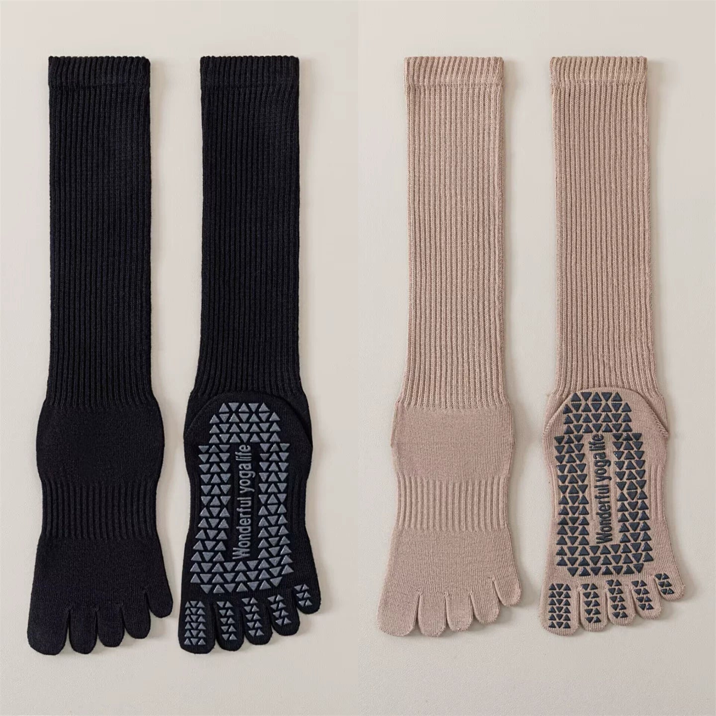 Findszx | Five-Toe Calf Socks in Warm Neutral Tones, Lightweight Design for Yoga & Pilates Wear