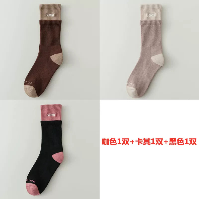 Autumn And Winter Thickened Mid-Tube Socks Double-Layer Spliced Long Socks For Women Korean Version Ins Trendy Brand Double Ruffled Letter Cotton Socks