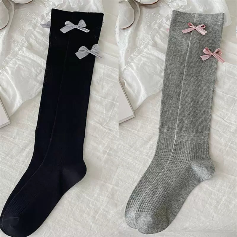 Ballet Style Bow Socks For Women Thin Sweet Cool Calf Socks Vertical Strip Jk Fashionable Miu Gray Pile Stockings