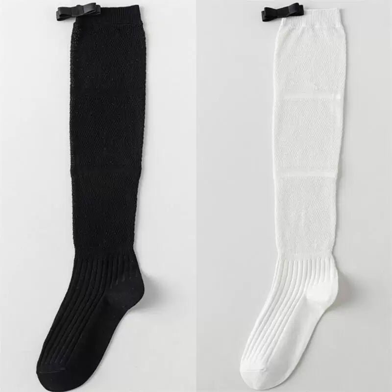 Findszx | Women’s Ballet-Inspired Long Calf Cotton Socks with Bow Detail and Sheer Mesh Texture
