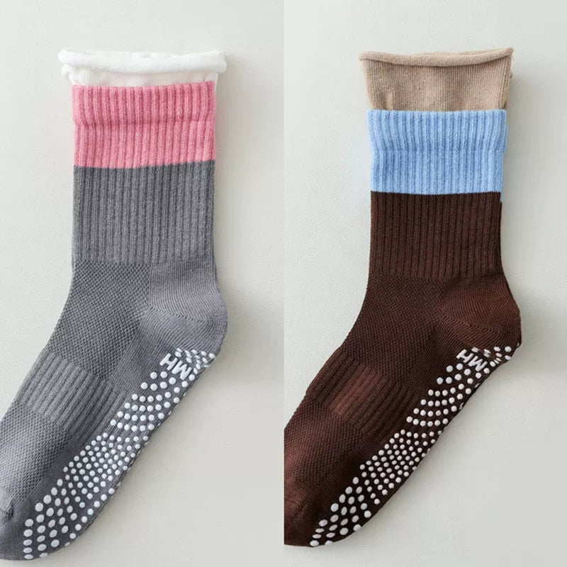 Findszx | Women’s Color-Block Mid-Calf Yoga Socks with Silicone Grip for Pilates & Indoor Fitness