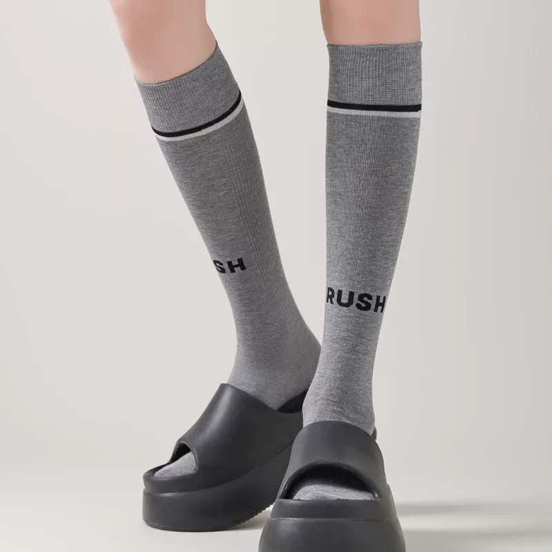 Findszx | Letter Detail Mid-High Calf Socks for Women, Striped Knit Design, Versatile Everyday Style