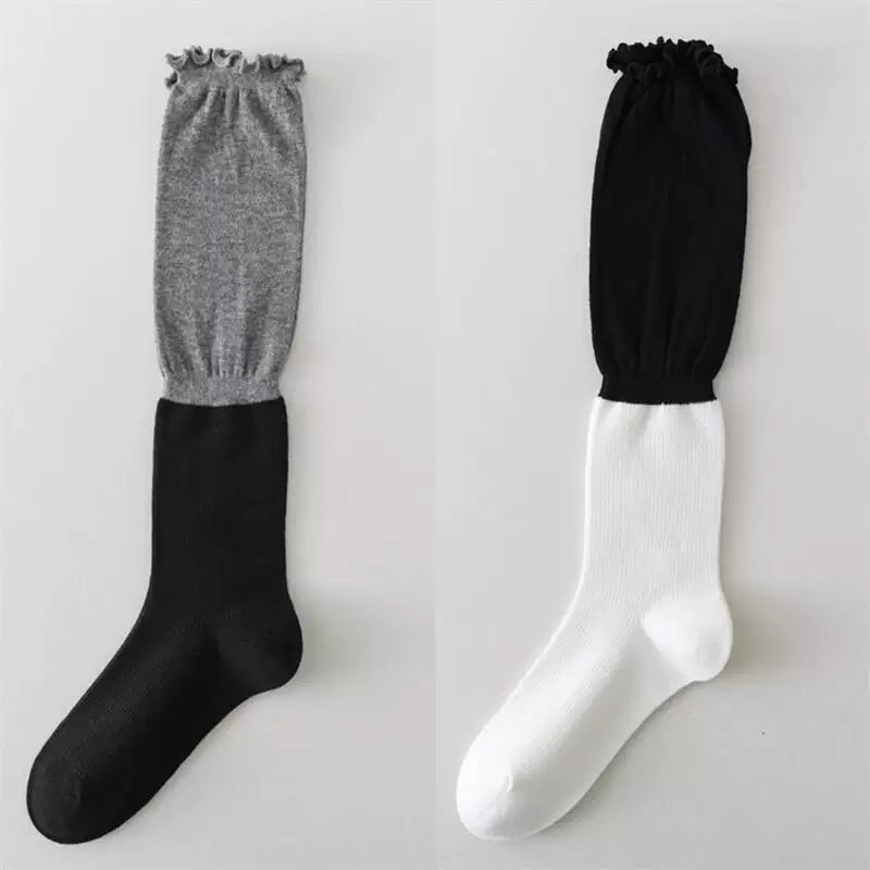 Findszx | Lace-Trim Color-Block Calf Socks for Women, Lightweight Spliced Design, Spring & Summer Daily Style