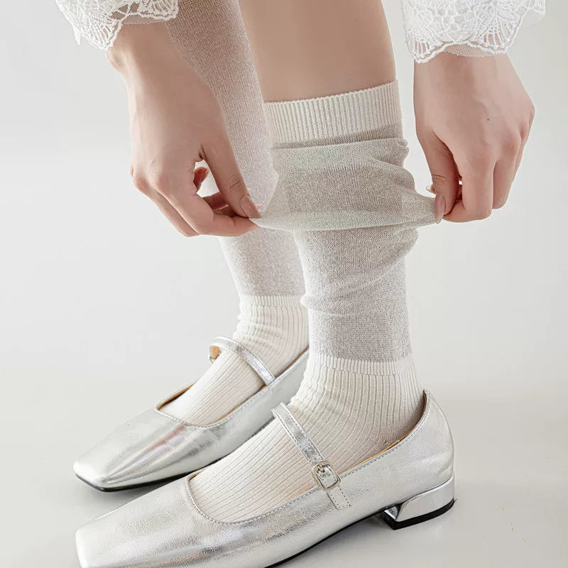 Findszx | Lightweight Shimmer Long Calf Socks for Women, Smooth Sheer Texture, Summer Mid-High Style