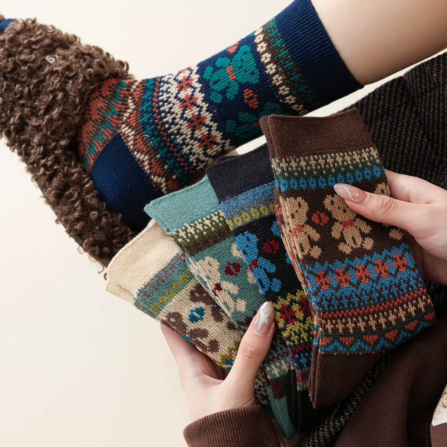 Findszx | Double-Knit Mid-Calf Cotton Socks for Women, Reversible Style, Autumn & Winter Everyday Wear