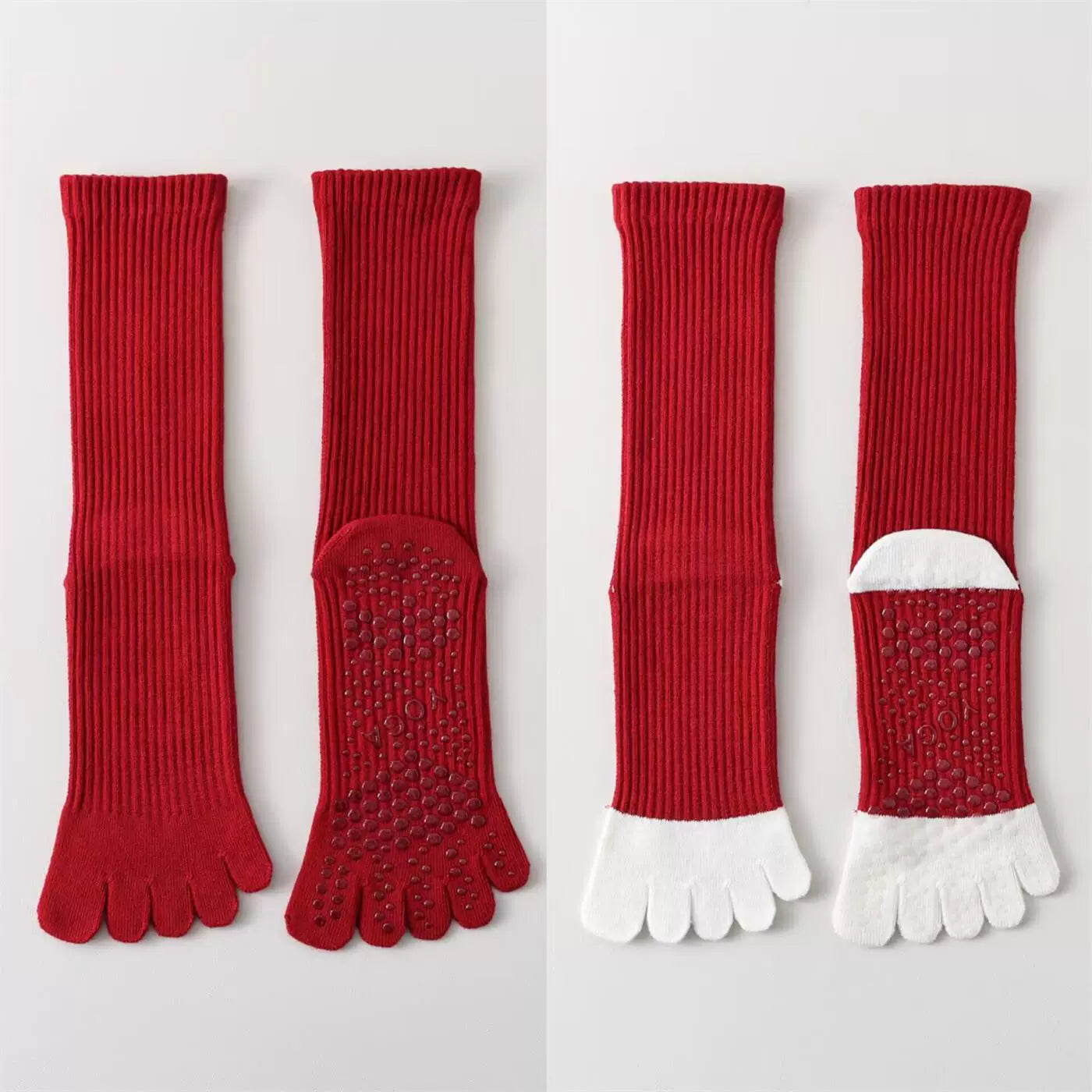 Findszx | Women’s Red Mid-Calf Five-Toe Yoga Socks with Grip for Pilates & Indoor Fitness