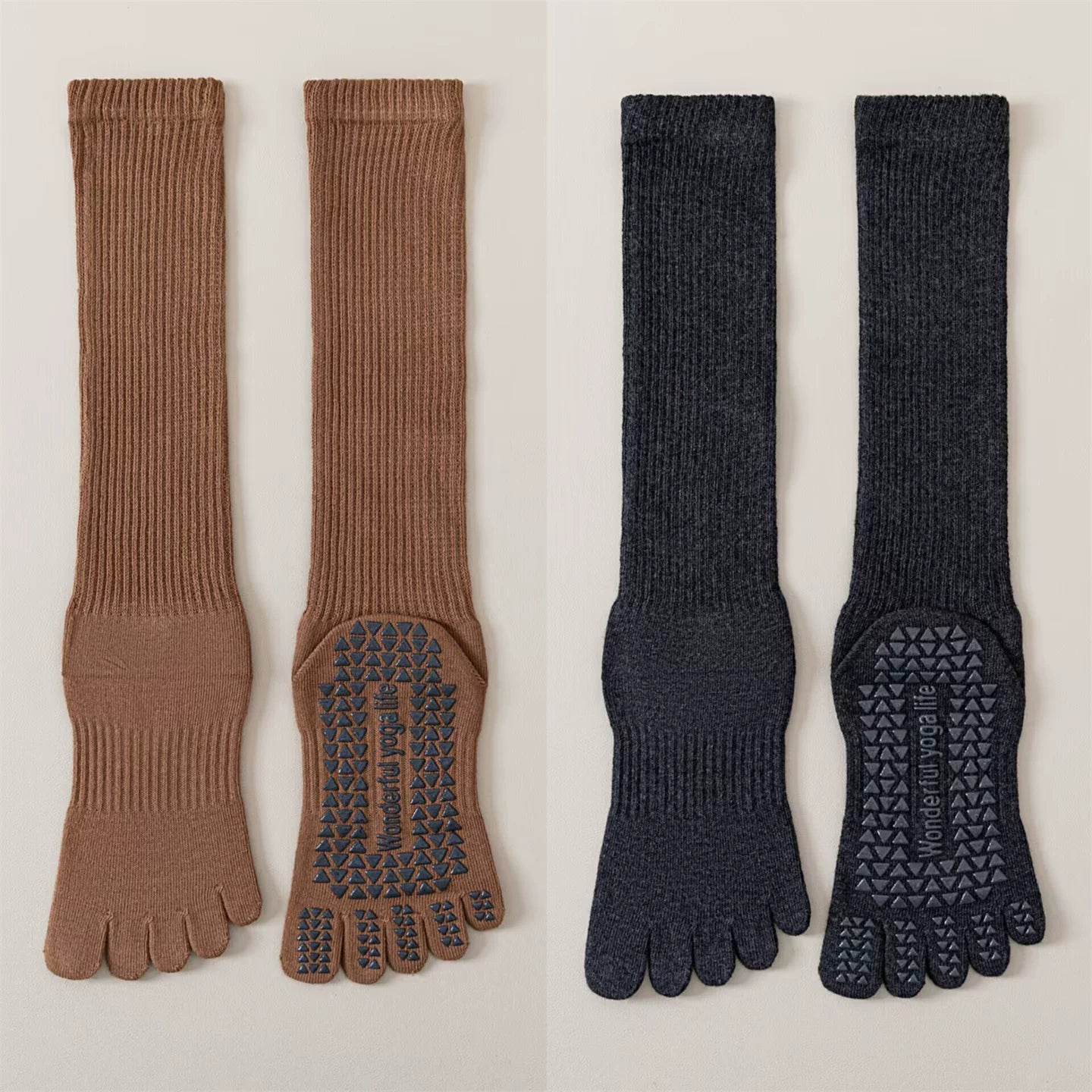 Findszx | Five-Toe Calf Socks in Warm Neutral Tones, Lightweight Design for Yoga & Pilates Wear