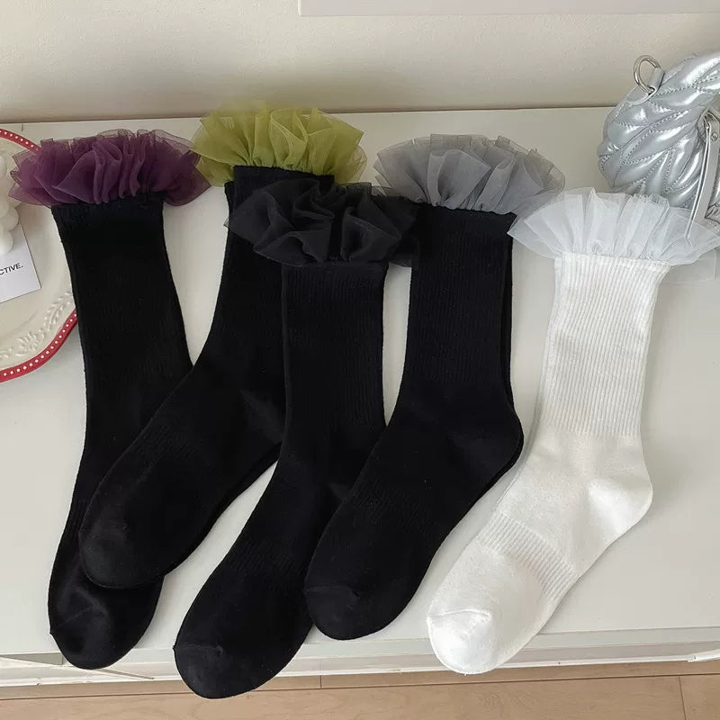 Findszx | Women’s Lace Panel Knee-High Socks with Mesh Texture for Everyday Fashion Wear