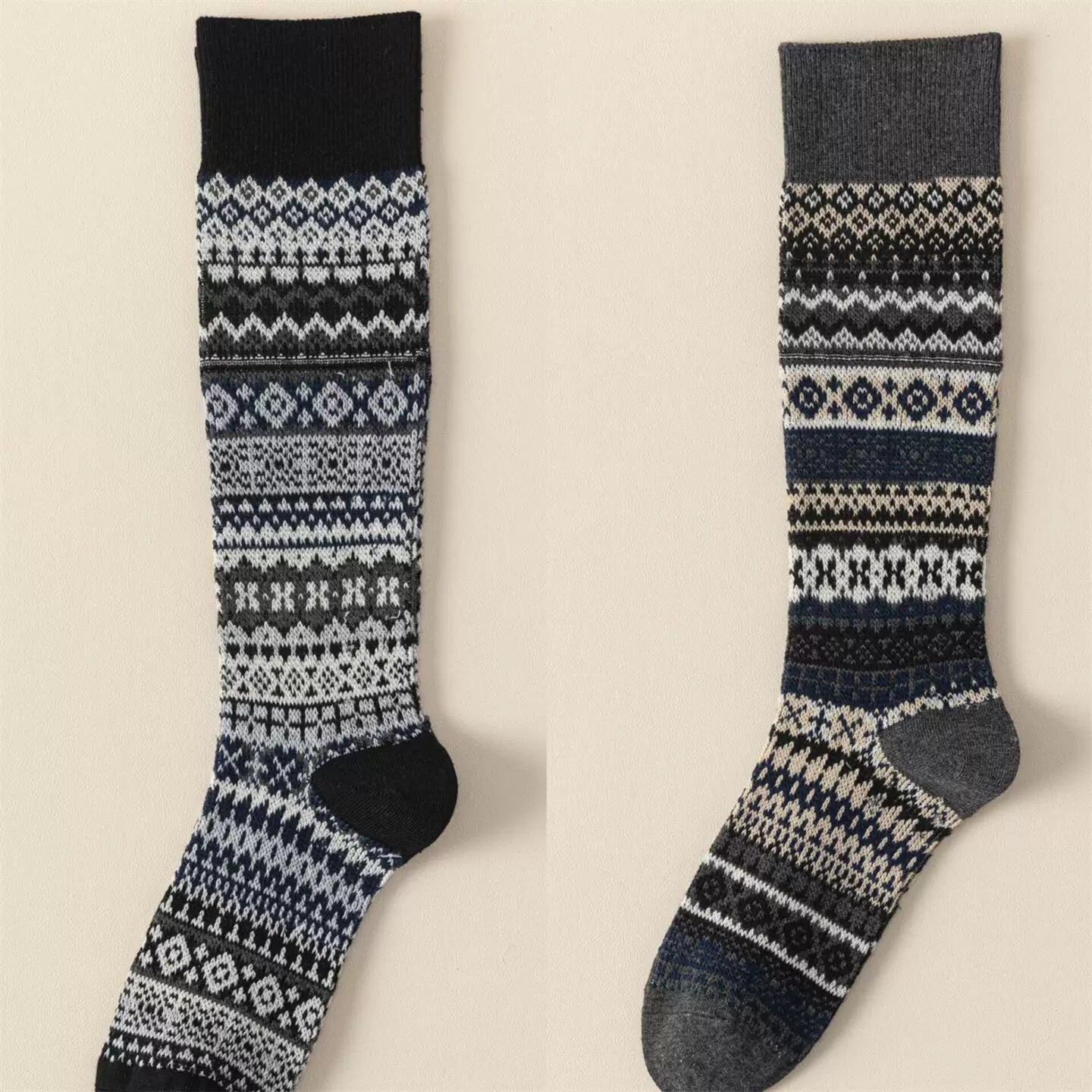 Ethnic Style Retro Calf Socks Double-Needle Fair Isle Stockings For Women In Autumn And Winter Paired With Snow Boots And Piled High Socks