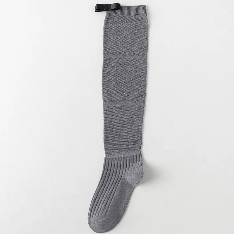 Findszx | Women’s Ballet-Inspired Long Calf Cotton Socks with Bow Detail and Sheer Mesh Texture