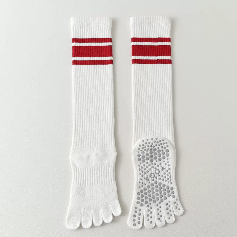 Findszx | Long Five-Toe Calf Socks for Women, Deep Red Tone, Yoga & Pilates Active Wear Style