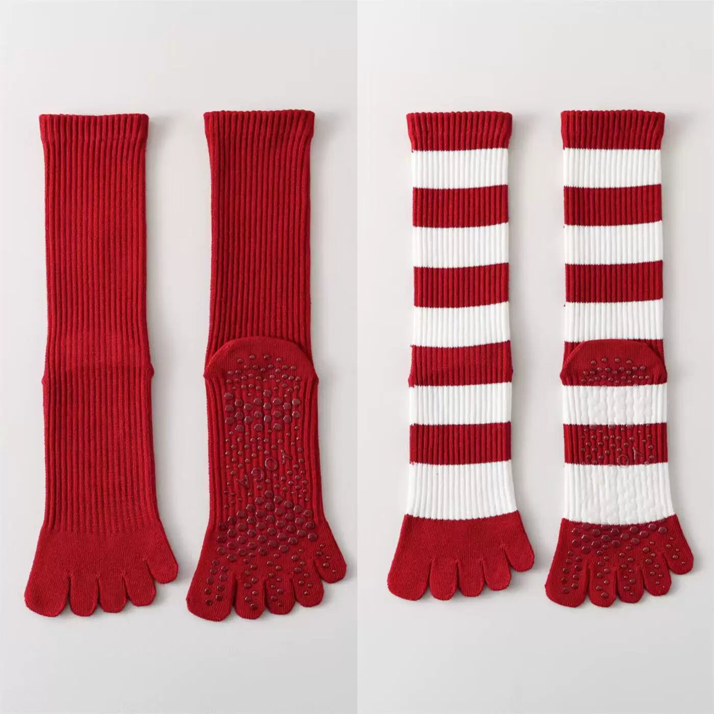 Findszx | Women’s Red Mid-Calf Five-Toe Yoga Socks with Grip for Pilates & Indoor Fitness