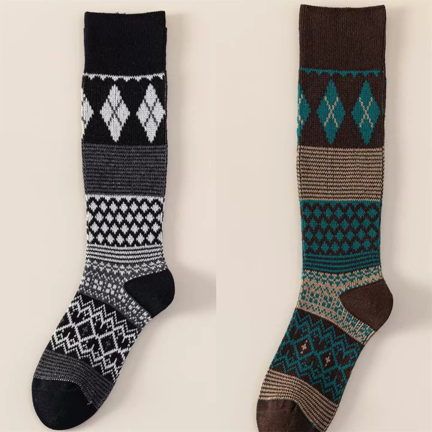 Findszx | Women’s Retro Diamond-Pattern Double-Knit Calf Socks in Cotton for Everyday Wear