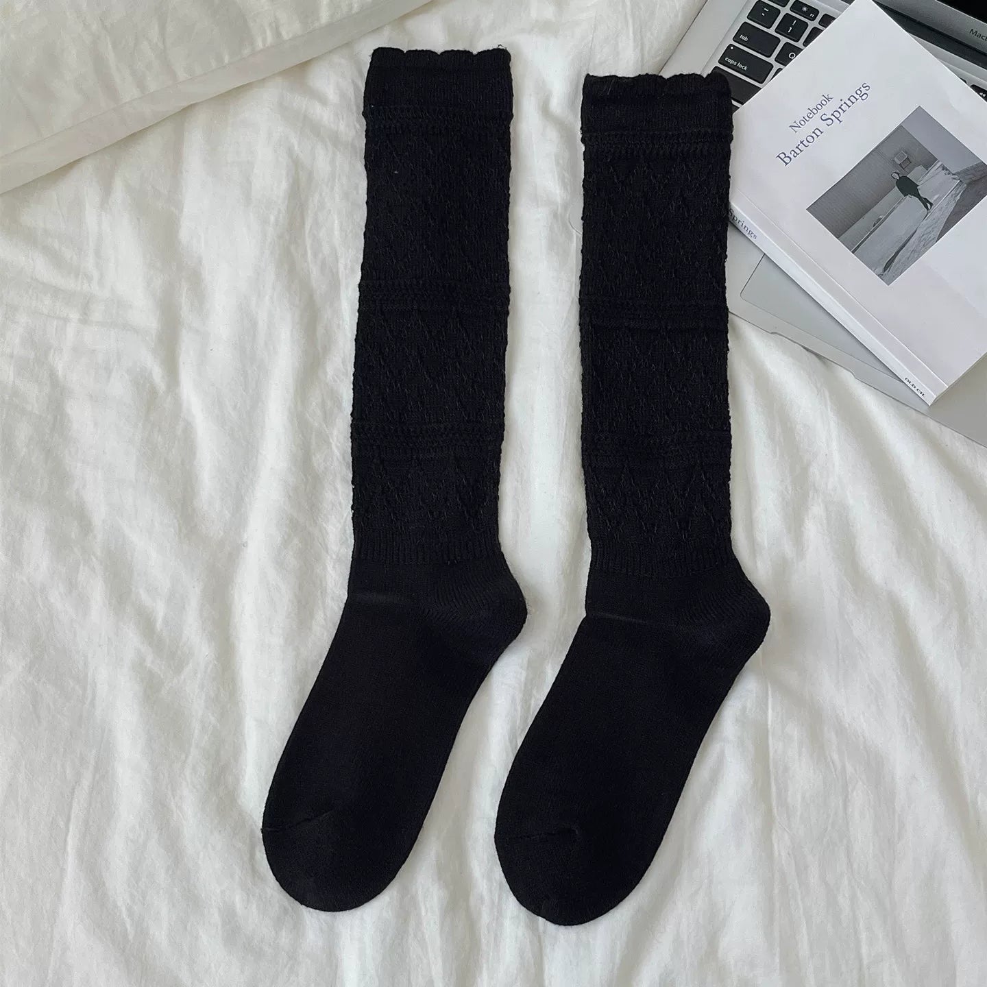 Findszx | Women’s Ballet-Inspired Lace Calf Socks with Textured Knit for Autumn & Winter Wear