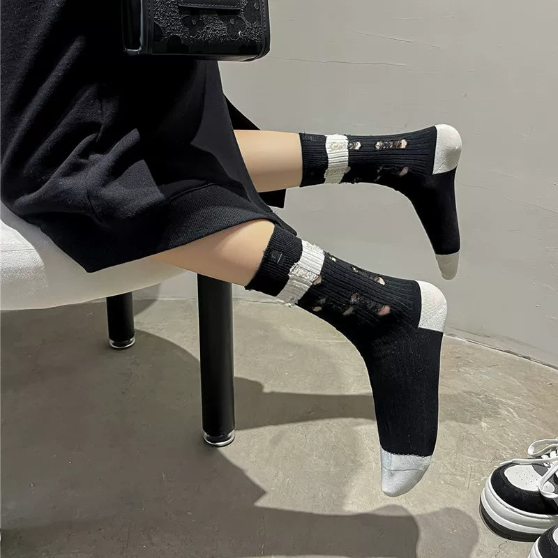 Findszx | Striped Mid-Calf Cotton Socks for Women, Lightweight Distressed Detail, Spring & Autumn Casual Wear