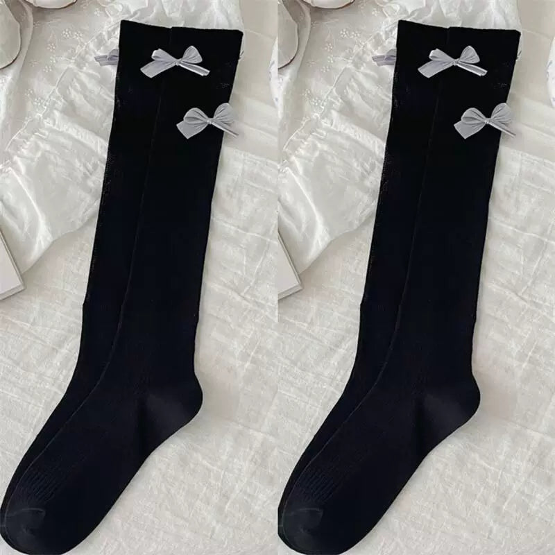 Ballet Style Bow Socks For Women Thin Sweet Cool Calf Socks Vertical Strip Jk Fashionable Miu Gray Pile Stockings