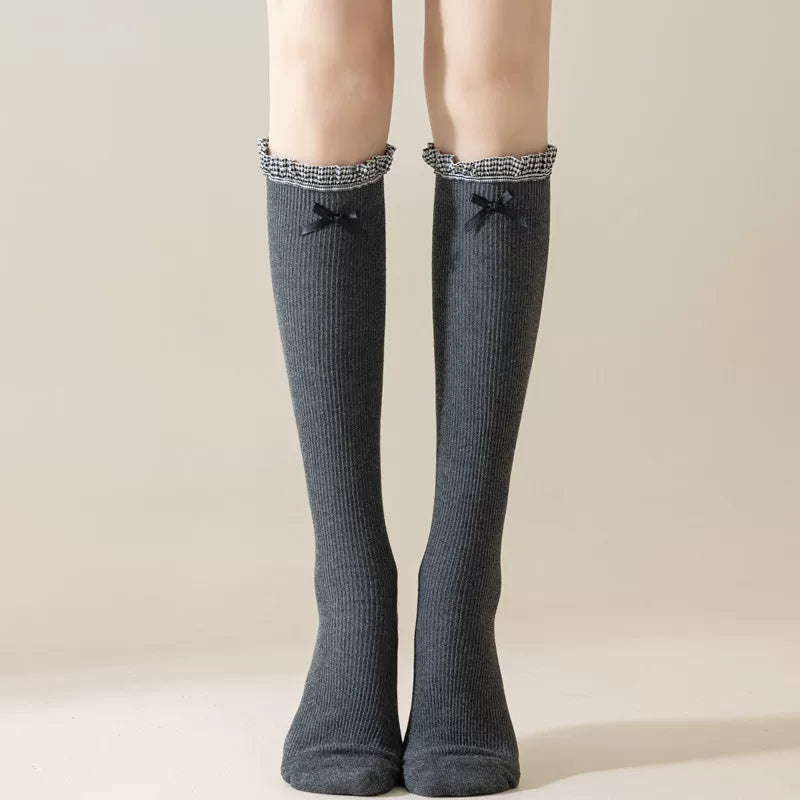 Findszx | Women’s Ballet-Inspired Lace Mid-Calf Socks with Bow Detail for Autumn & Winter Wear
