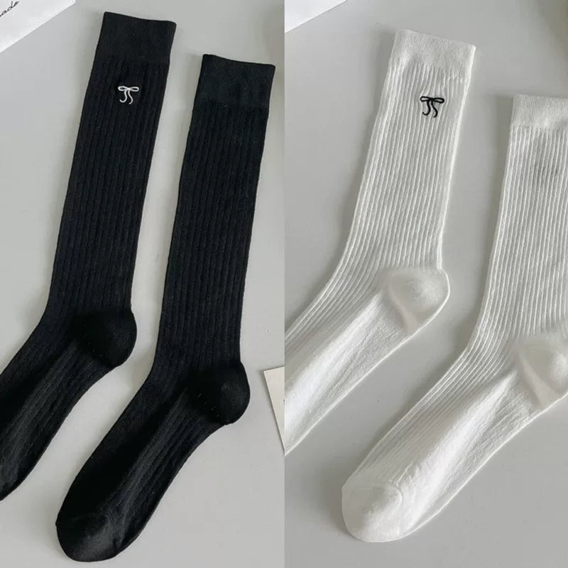 Ballet Style Bow Long Socks For Women Summer Thin Mid-High Calf Socks Mesh Breathable Pile Stockings Cotton