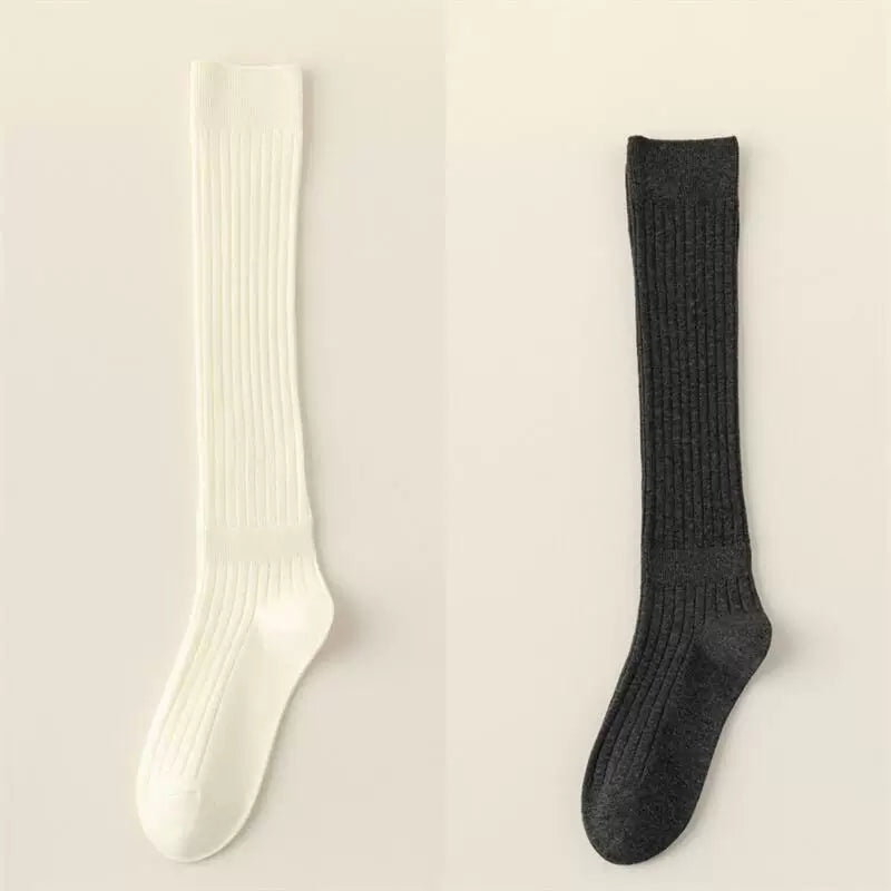 Double-Needle Calf Socks For Women In Spring And Autumn Thin Striped Pressure Slimming Solid Color Jk Versatile Knee-Length Wide Striped Stockings