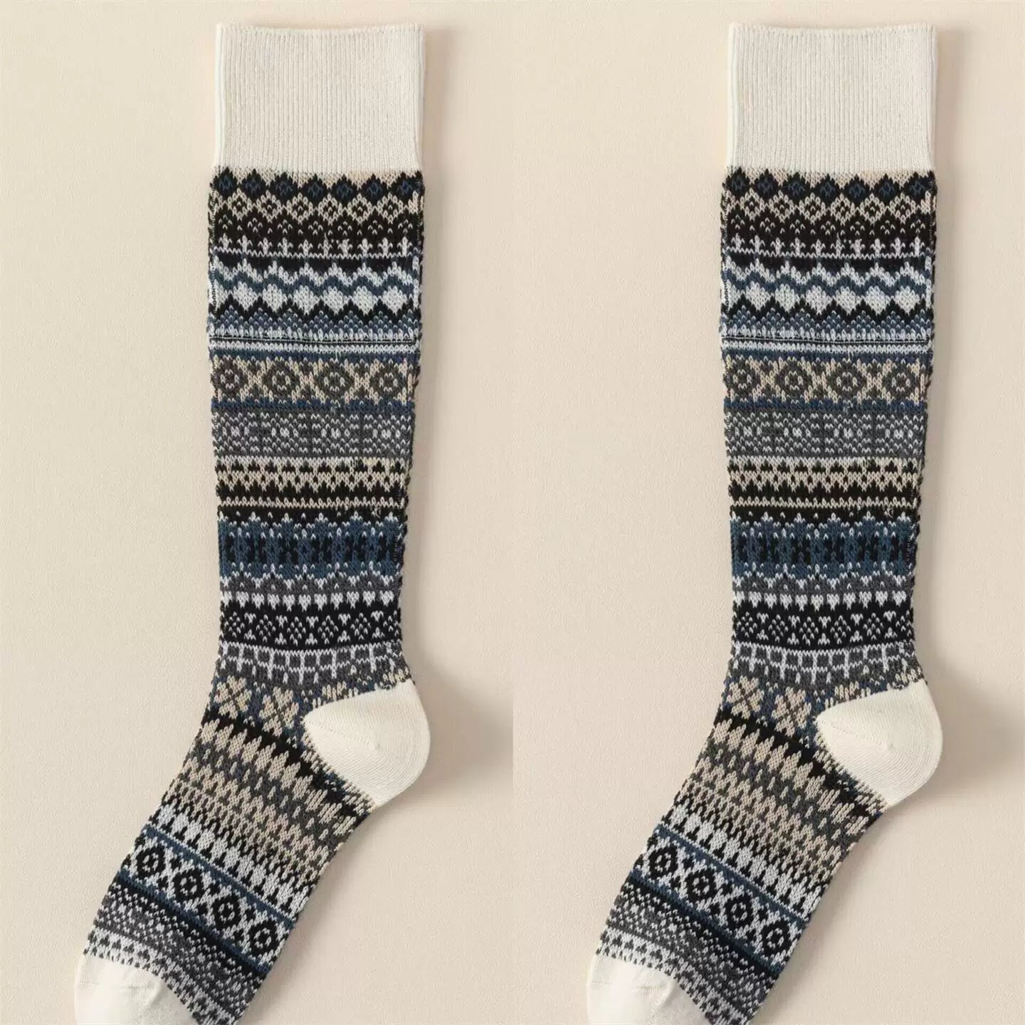 Ethnic Style Retro Calf Socks Double-Needle Fair Isle Stockings For Women In Autumn And Winter Paired With Snow Boots And Piled High Socks