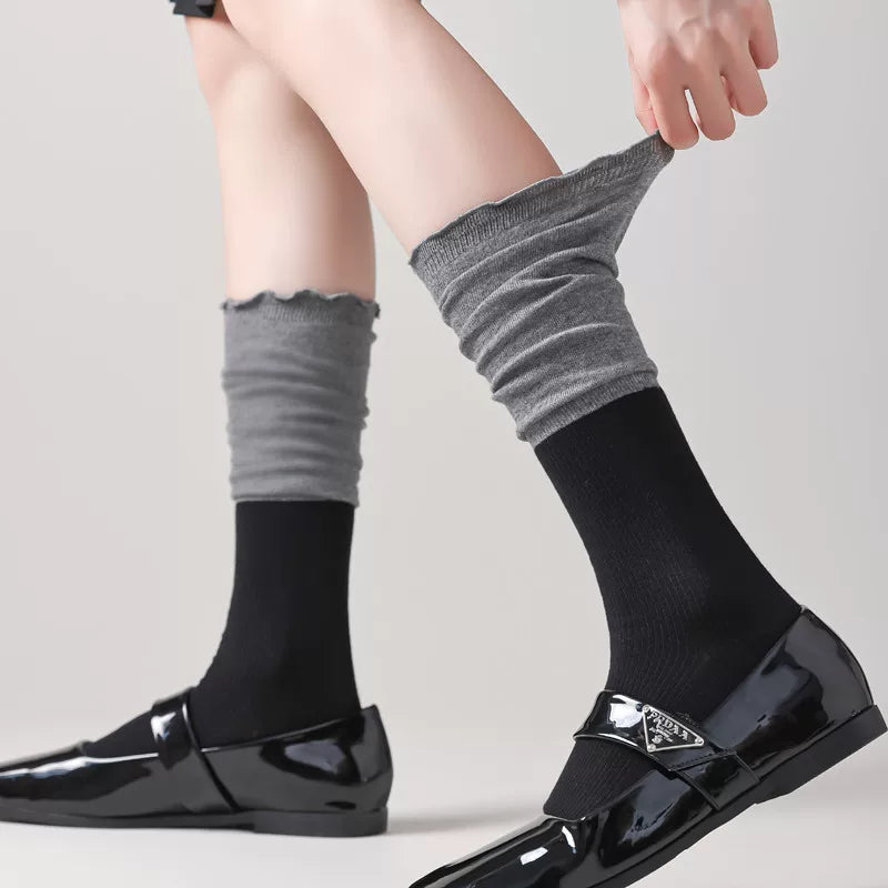 Findszx | Lace-Trim Color-Block Calf Socks for Women, Lightweight Spliced Design, Spring & Summer Daily Style
