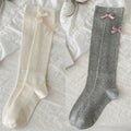 Findszx | Bow Detail Long Calf Socks for Women, Vertical Rib Texture, Soft Neutral Tone Daily Style