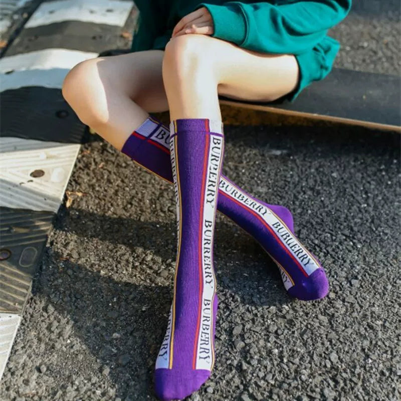Findszx | Letter Stripe Mid-Calf Socks for Women, Sport-Inspired Knit Design, Spring & Autumn Daily Wear