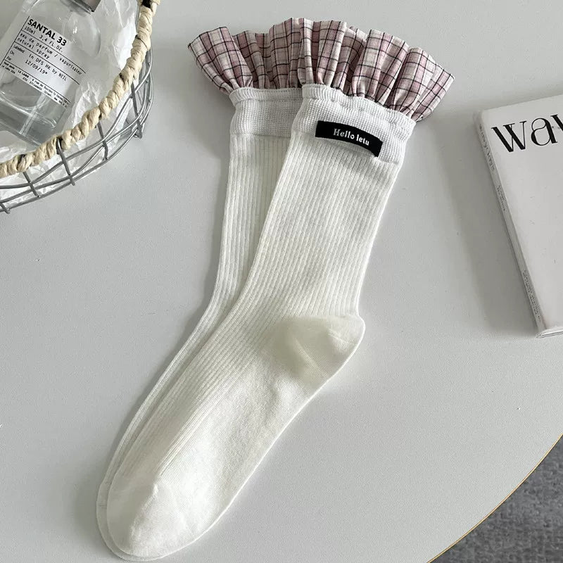 Findszx | Plaid Lace-Trim Mid-Calf Socks for Women, Letter Detail Knit, Layered Everyday Style