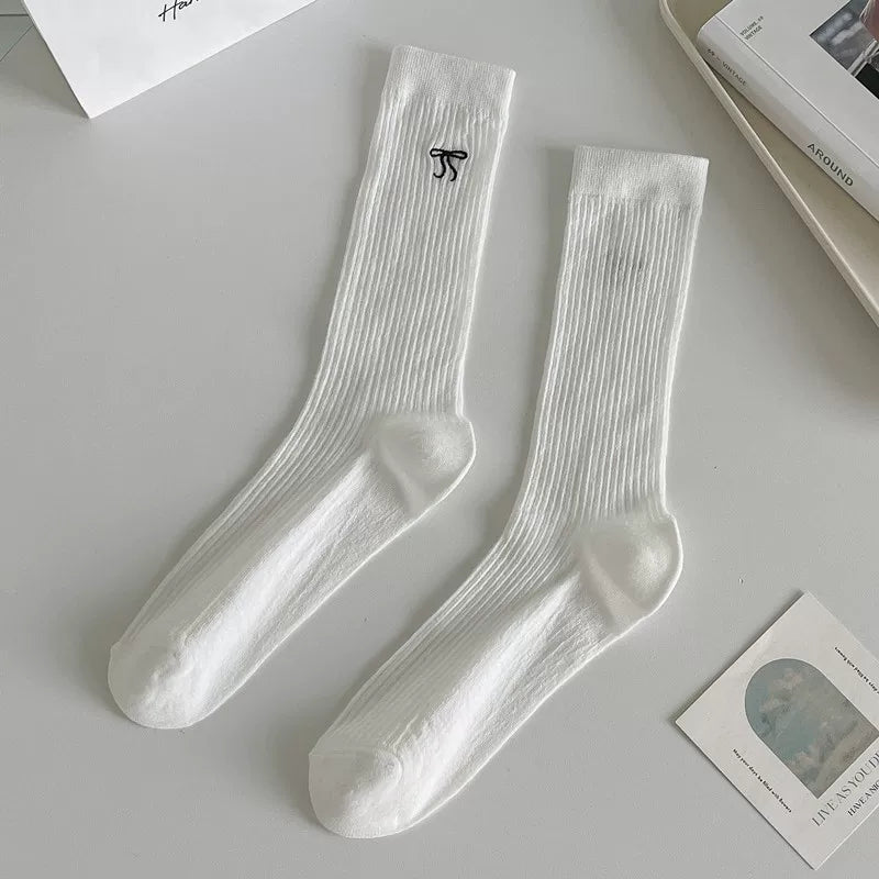 Ballet Style Bow Long Socks For Women Summer Thin Mid-High Calf Socks Mesh Breathable Pile Stockings Cotton