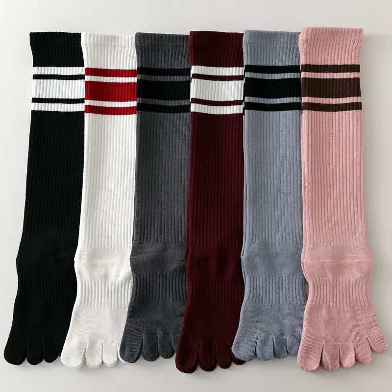 Findszx | Women’s Knee-High Five-Toe Cotton Socks with Striped Design for Spring & Autumn Wear