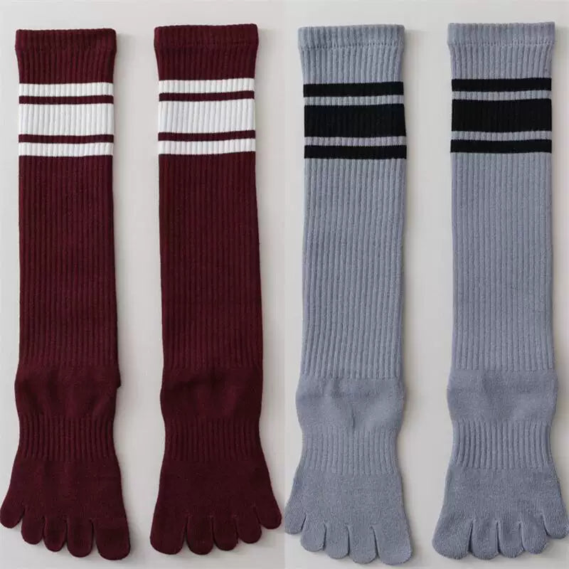 Findszx | Women’s Knee-High Five-Toe Cotton Socks with Striped Design for Spring & Autumn Wear