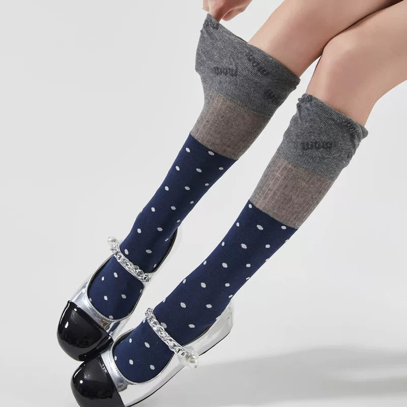 Findszx | Women’s Ballet-Inspired Lace Mid-Calf Cotton Socks with Polka Dot Detail for Spring & Summer Wear