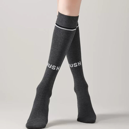 Findszx | Letter Detail Mid-High Calf Socks for Women, Striped Knit Design, Versatile Everyday Style